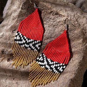 Big Gold Red White and Black Bohemian Beaded Festival Earrings Tassel Fringe New